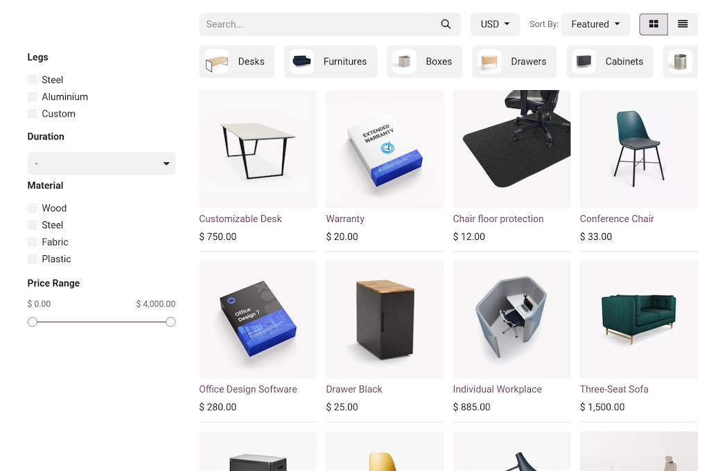 Odoo weboldal termékek oldal előnézete